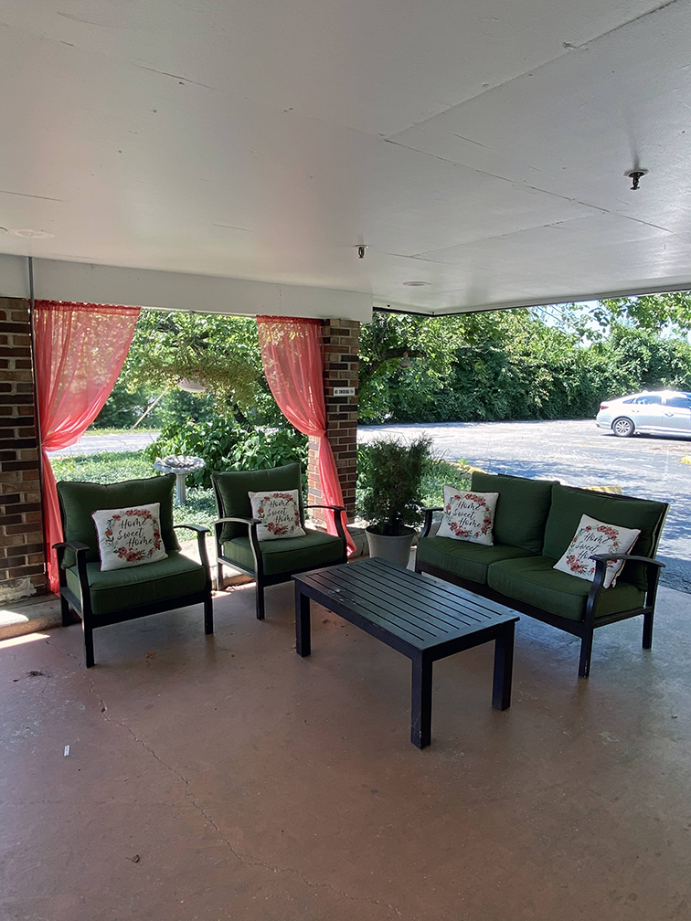 Brickyard Healthcare Bloomington Care Center exterior porch sitting area