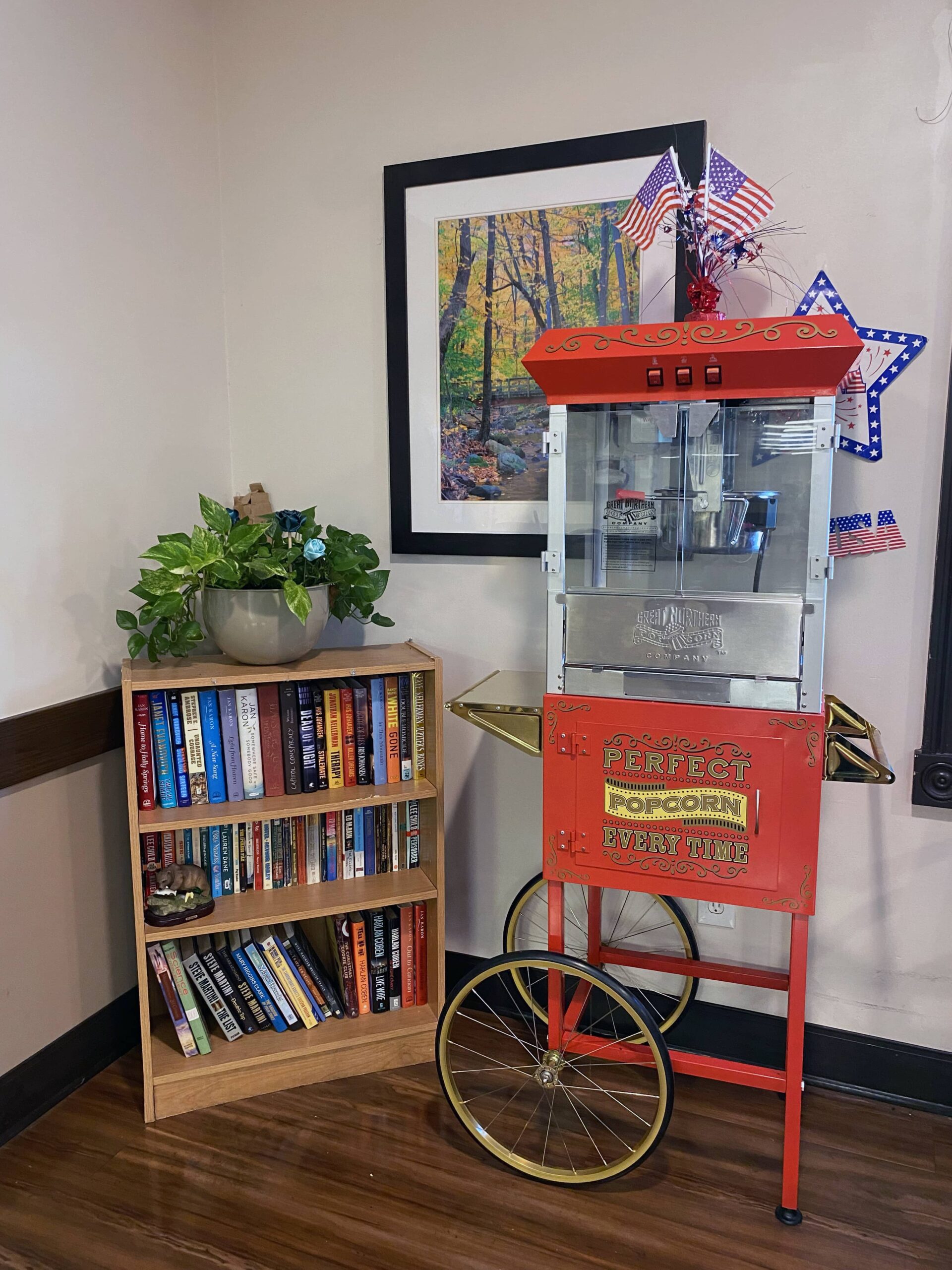 Brickyard Healthcare Brookview Care Center popcorn machine and bookcase for residents