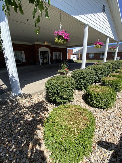 Brickyard Healthcare Golden Rule Care Center exterior front porch close up